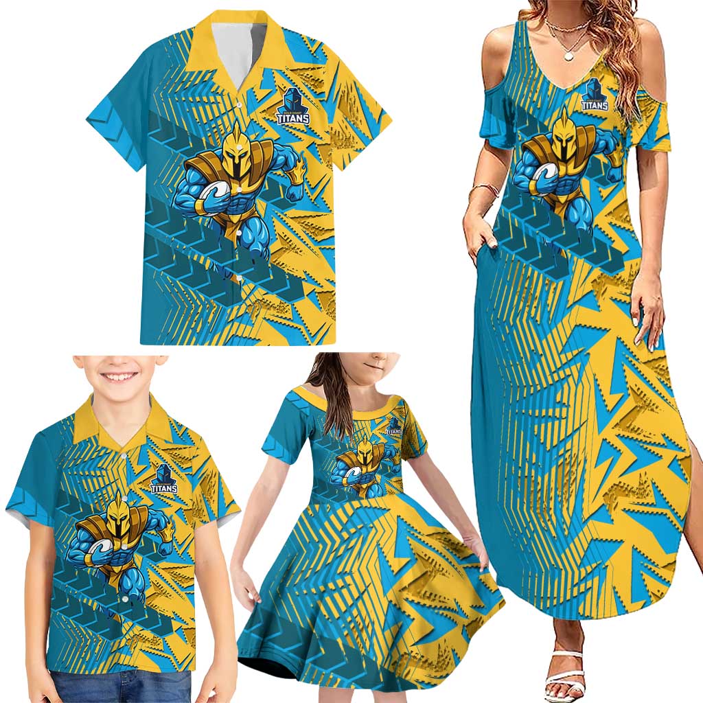 Gold Coast Titans Rugby Family Matching Summer Maxi Dress and Hawaiian Shirt Fierce Mascot Geometric Tribal Art