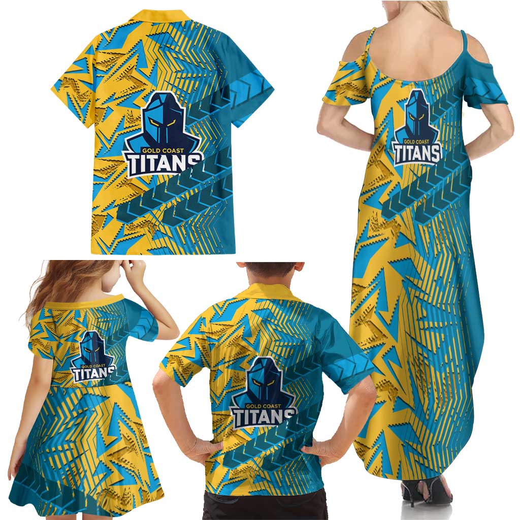 Gold Coast Titans Rugby Family Matching Summer Maxi Dress and Hawaiian Shirt Fierce Mascot Geometric Tribal Art