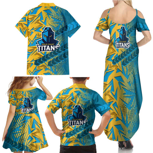 Gold Coast Titans Rugby Family Matching Summer Maxi Dress and Hawaiian Shirt Fierce Mascot Geometric Tribal Art