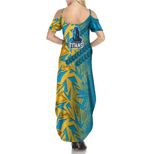 Gold Coast Titans Rugby Family Matching Summer Maxi Dress and Hawaiian Shirt Fierce Mascot Geometric Tribal Art