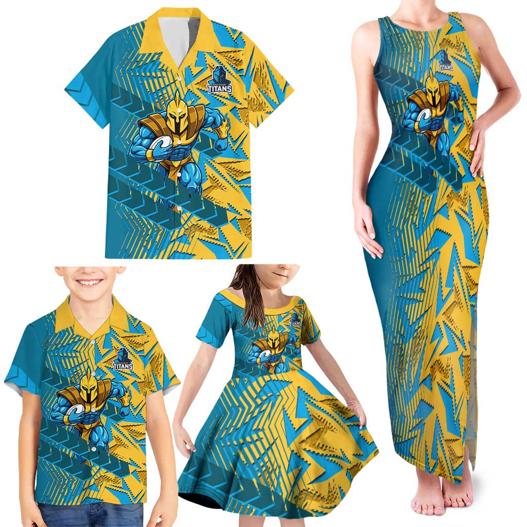 Gold Coast Titans Rugby Family Matching Tank Maxi Dress and Hawaiian Shirt Fierce Mascot Geometric Tribal Art