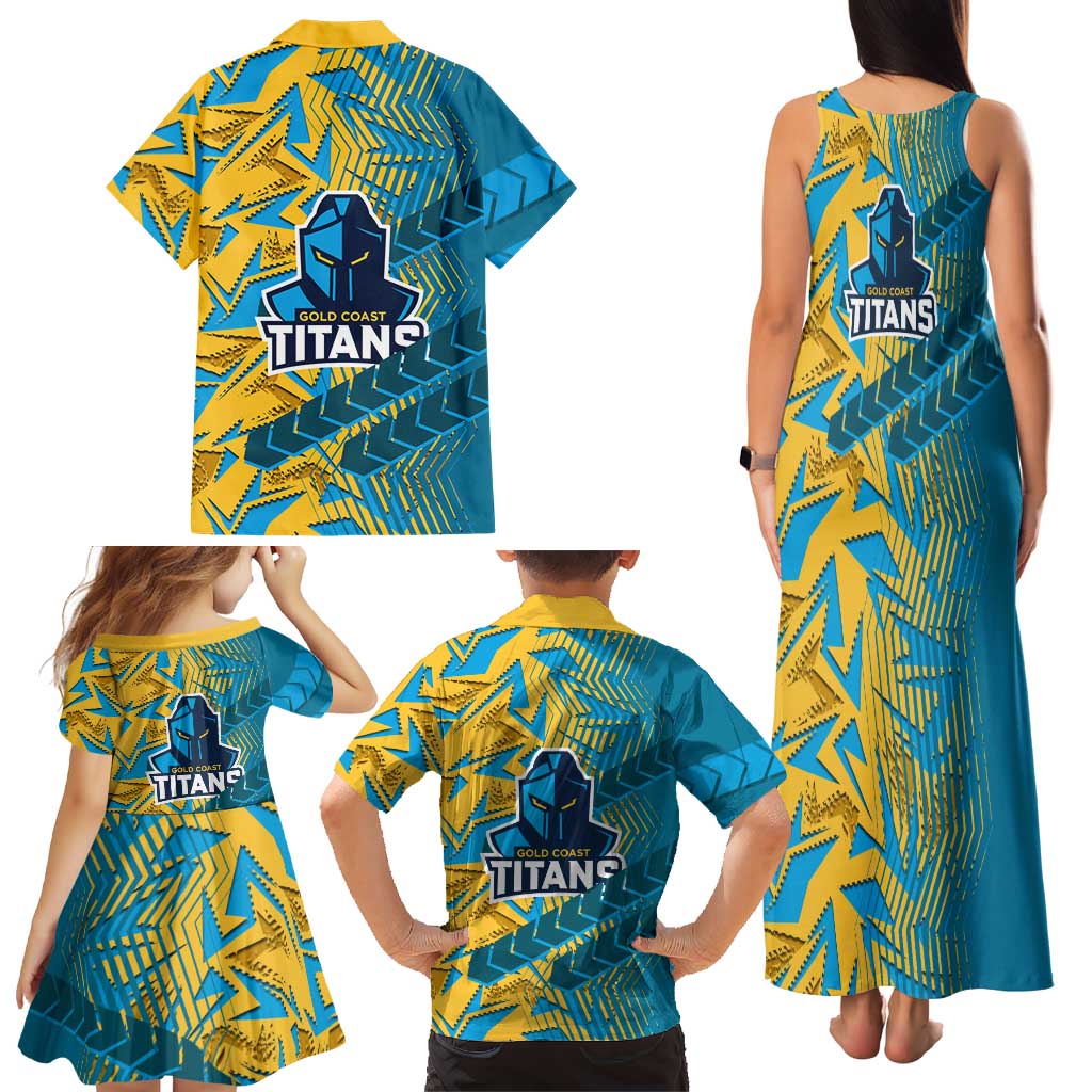 Gold Coast Titans Rugby Family Matching Tank Maxi Dress and Hawaiian Shirt Fierce Mascot Geometric Tribal Art