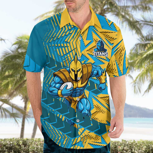 Gold Coast Titans Rugby Hawaiian Shirt Fierce Mascot Geometric Tribal Art
