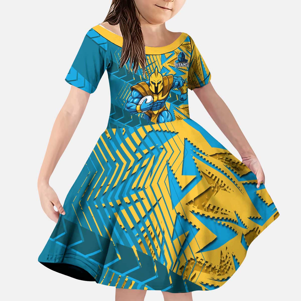 Gold Coast Titans Rugby Kid Short Sleeve Dress Fierce Mascot Geometric Tribal Art