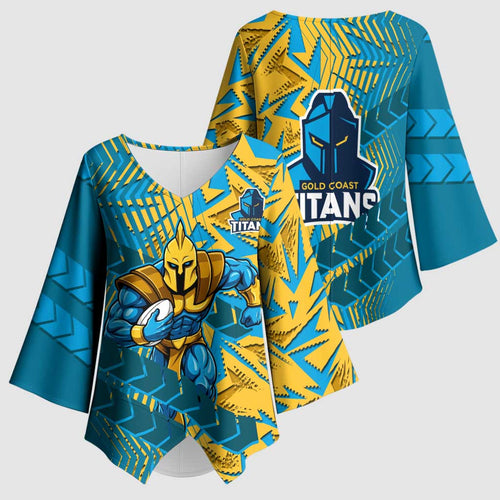 Gold Coast Titans Rugby Kimono Sleeve Blouse Fierce Mascot Geometric Tribal Art