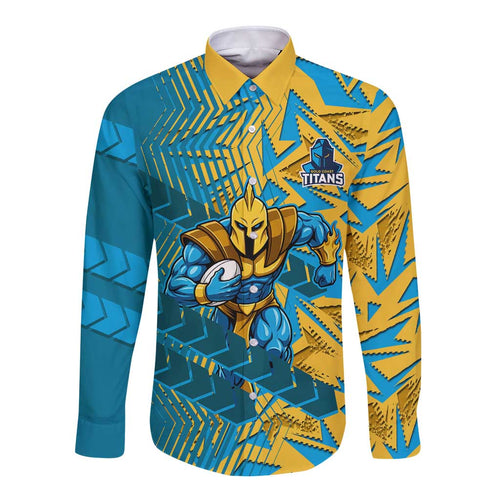 Gold Coast Titans Rugby Long Sleeve Button Shirt Fierce Mascot Geometric Tribal Art