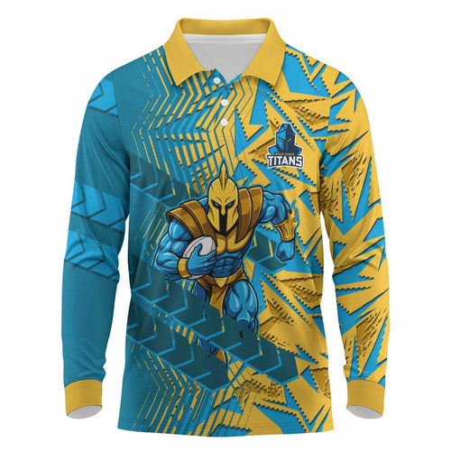 Gold Coast Titans Rugby Long Sleeve Polo Shirt Fierce Mascot Geometric Tribal Art