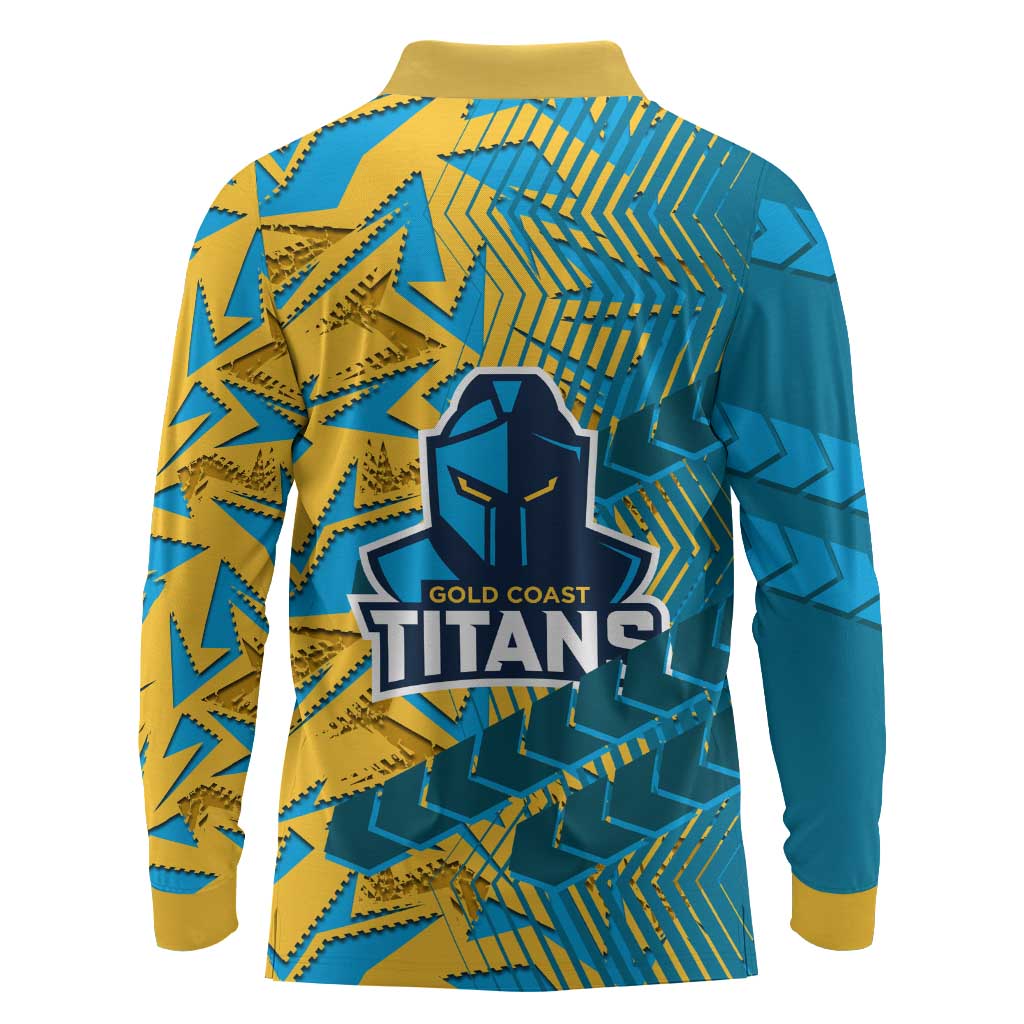 Gold Coast Titans Rugby Long Sleeve Polo Shirt Fierce Mascot Geometric Tribal Art