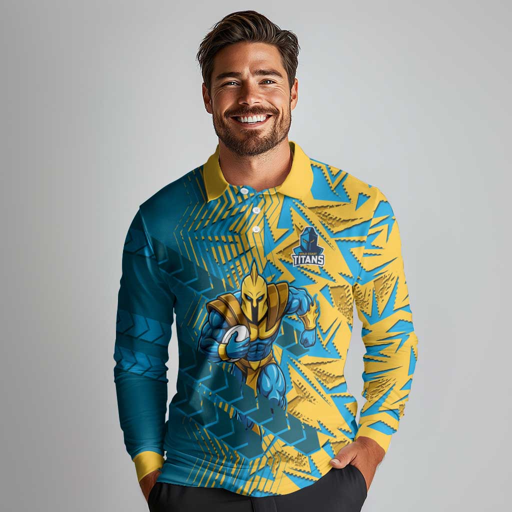 Gold Coast Titans Rugby Long Sleeve Polo Shirt Fierce Mascot Geometric Tribal Art