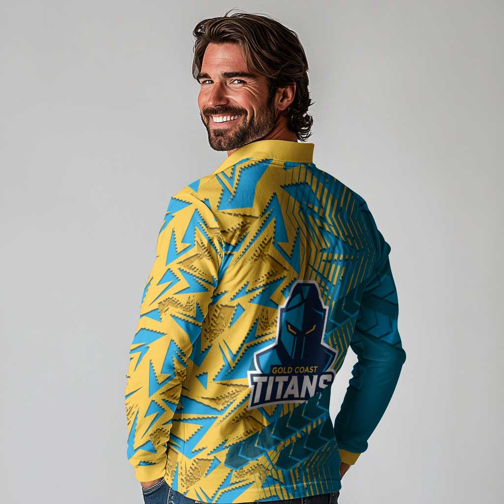 Gold Coast Titans Rugby Long Sleeve Polo Shirt Fierce Mascot Geometric Tribal Art