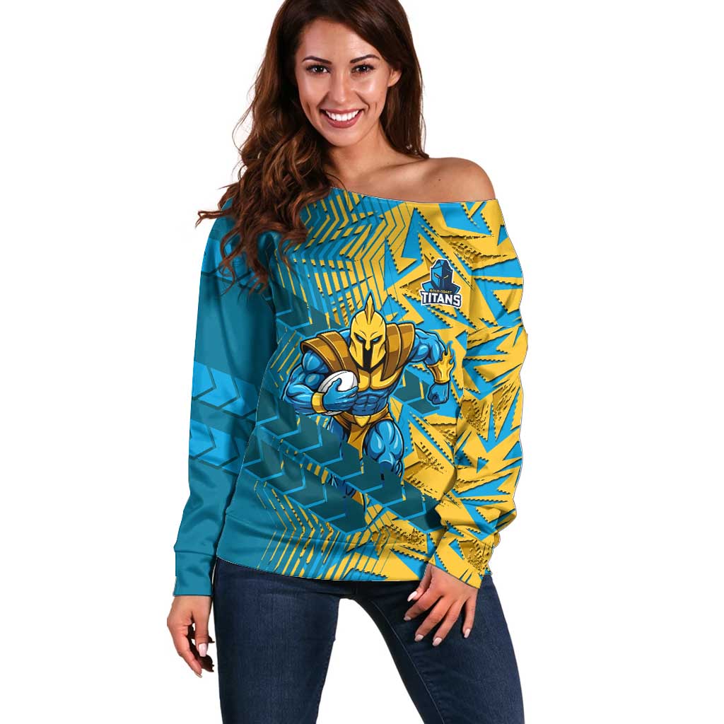 Gold Coast Titans Rugby Off Shoulder Sweater Fierce Mascot Geometric Tribal Art