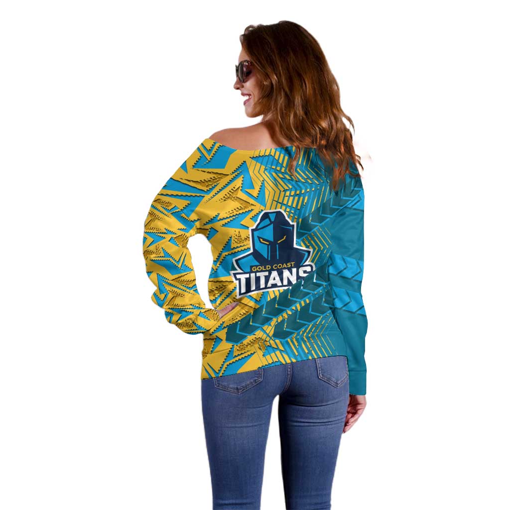 Gold Coast Titans Rugby Off Shoulder Sweater Fierce Mascot Geometric Tribal Art