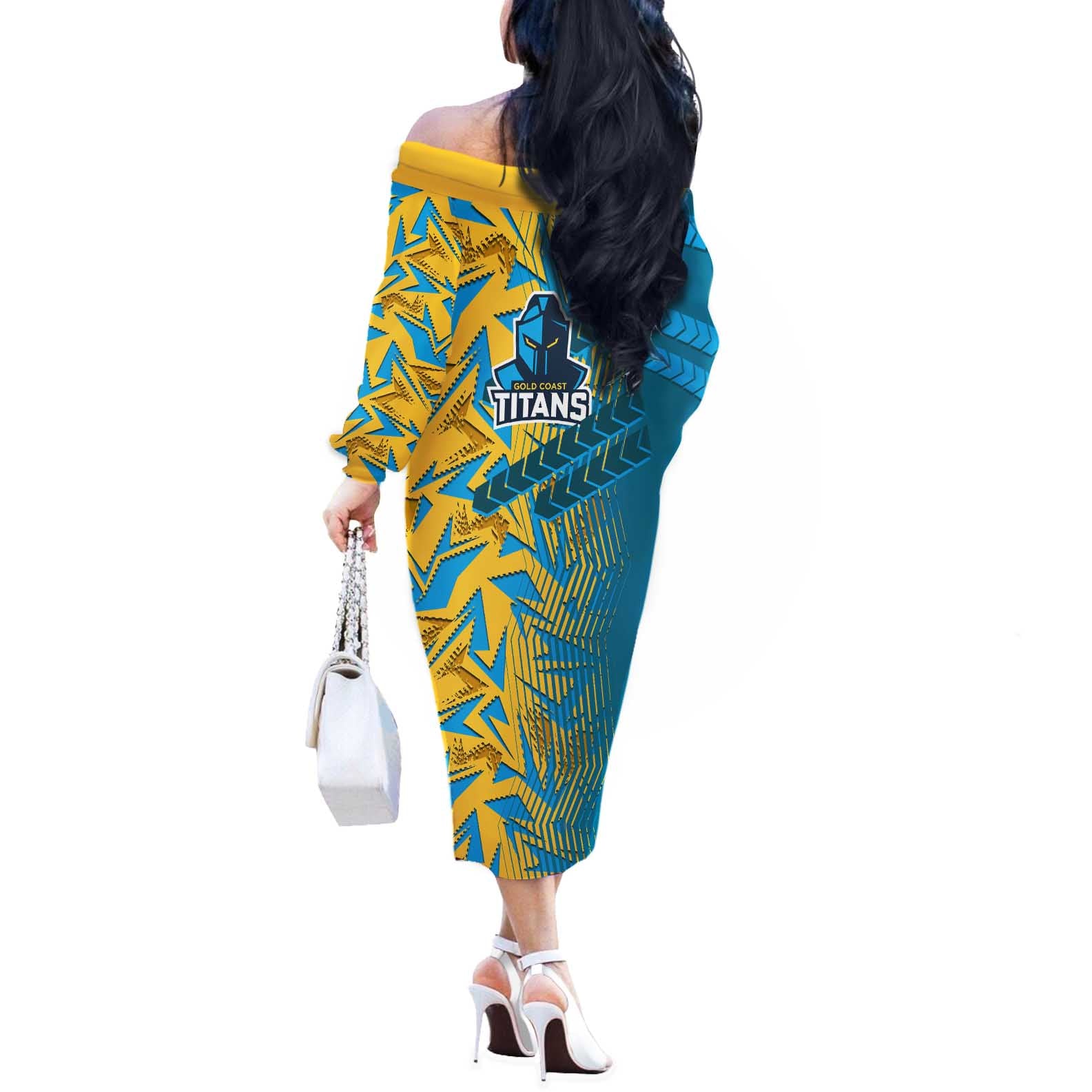 Gold Coast Titans Rugby Off The Shoulder Long Sleeve Dress Fierce Mascot Geometric Tribal Art