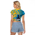 Gold Coast Titans Rugby Raglan Cropped T Shirt Fierce Mascot Geometric Tribal Art