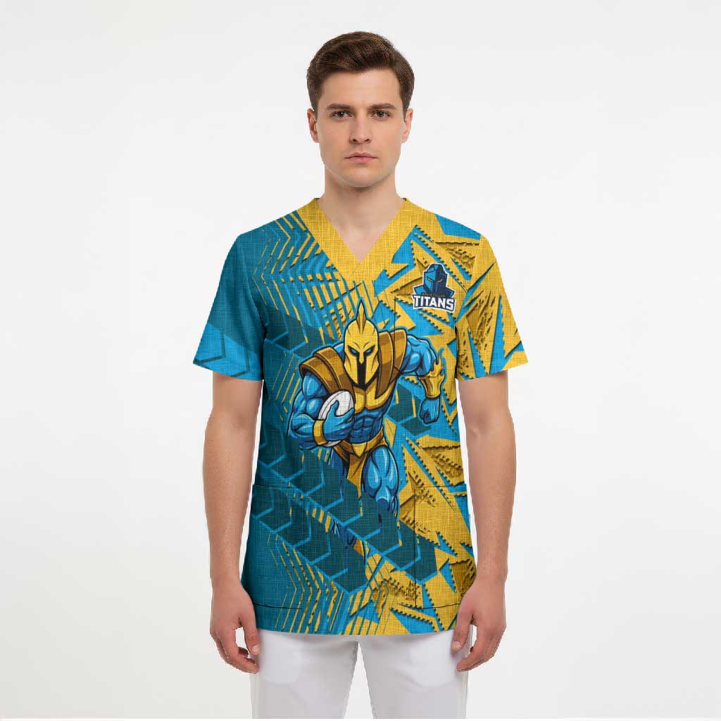 Gold Coast Titans Rugby Scrub Top Fierce Mascot Geometric Tribal Art
