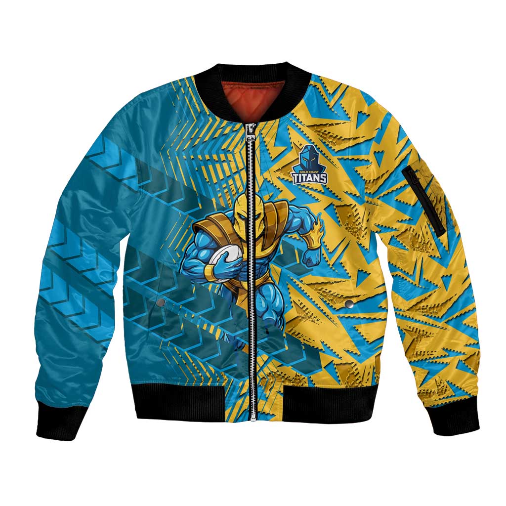 Gold Coast Titans Rugby Sleeve Zip Bomber Jacket Fierce Mascot Geometric Tribal Art