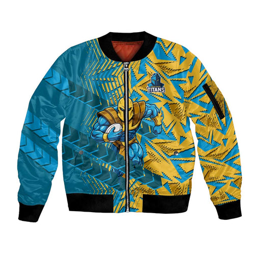Gold Coast Titans Rugby Sleeve Zip Bomber Jacket Fierce Mascot Geometric Tribal Art
