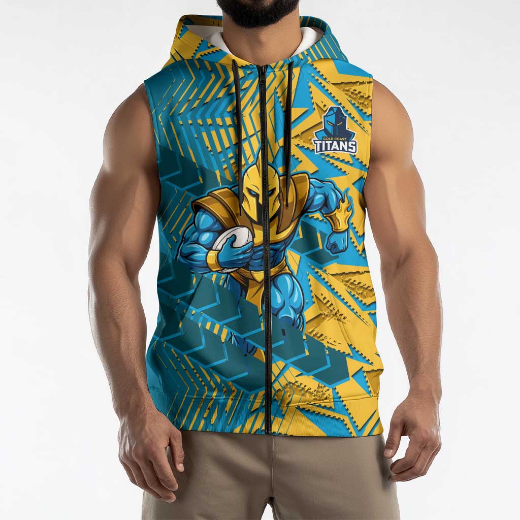 Gold Coast Titans Rugby Sleeveless Zip Hoodie Fierce Mascot Geometric Tribal Art