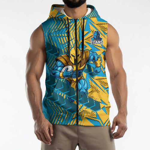 Gold Coast Titans Rugby Sleeveless Zip Hoodie Fierce Mascot Geometric Tribal Art
