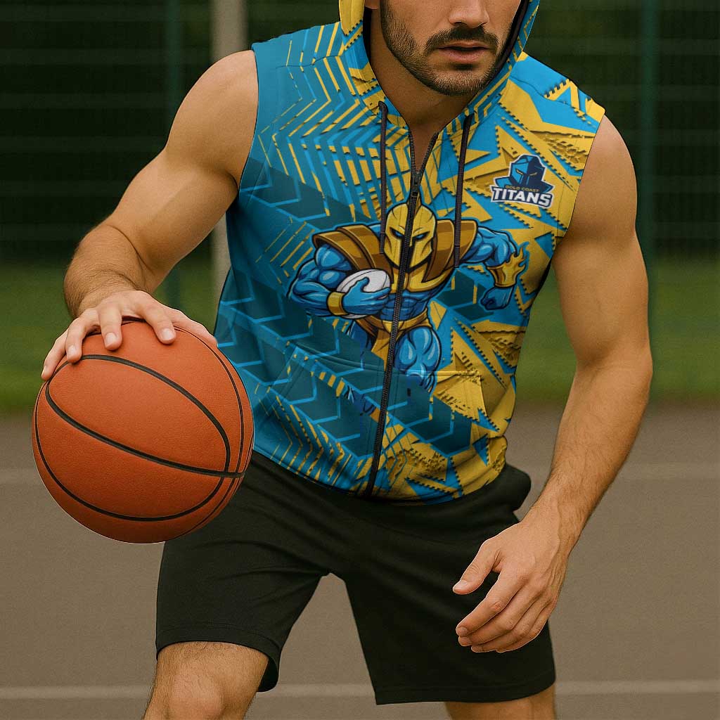 Gold Coast Titans Rugby Sleeveless Zip Hoodie Fierce Mascot Geometric Tribal Art