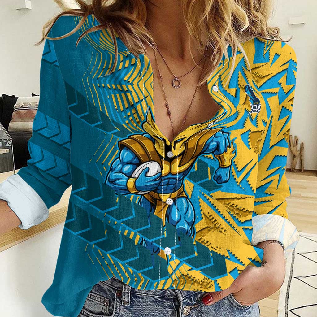 Gold Coast Titans Rugby Women Casual Shirt Fierce Mascot Geometric Tribal Art