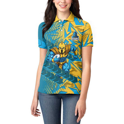 Gold Coast Titans Rugby Women Polo Shirt Fierce Mascot Geometric Tribal Art