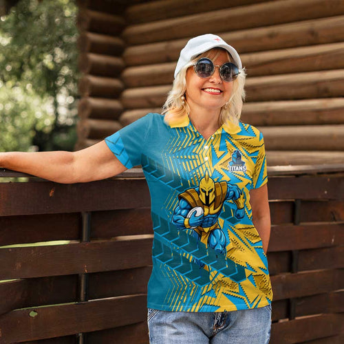 Gold Coast Titans Rugby Women Polo Shirt Fierce Mascot Geometric Tribal Art