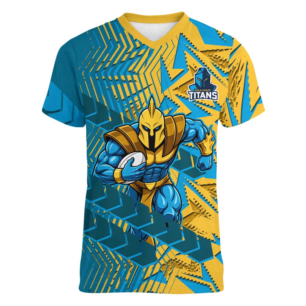 Gold Coast Titans Rugby Women V-Neck T-Shirt Fierce Mascot Geometric Tribal Art