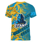 Gold Coast Titans Rugby Women V-Neck T-Shirt Fierce Mascot Geometric Tribal Art