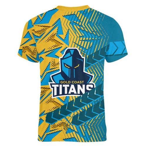 Gold Coast Titans Rugby Women V-Neck T-Shirt Fierce Mascot Geometric Tribal Art