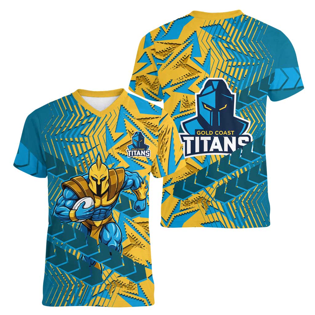 Gold Coast Titans Rugby Women V-Neck T-Shirt Fierce Mascot Geometric Tribal Art