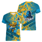 Gold Coast Titans Rugby Women V-Neck T-Shirt Fierce Mascot Geometric Tribal Art