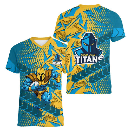 Gold Coast Titans Rugby Women V-Neck T-Shirt Fierce Mascot Geometric Tribal Art