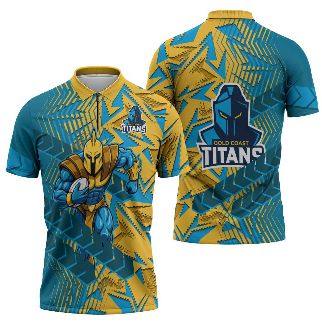 Gold Coast Titans Rugby Zipper Polo Shirt Fierce Mascot Geometric Tribal Art
