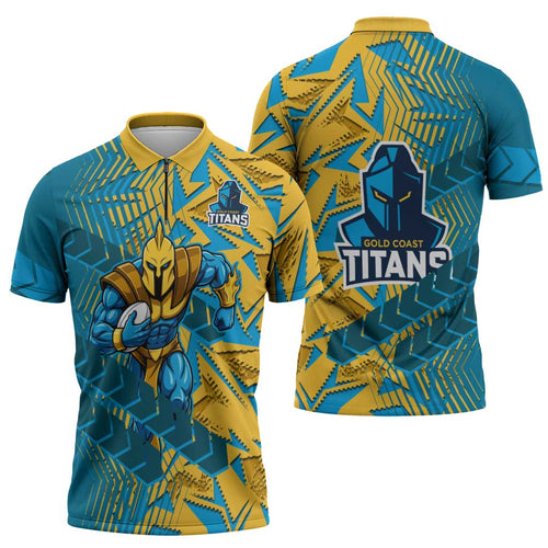 Gold Coast Titans Rugby Zipper Polo Shirt Fierce Mascot Geometric Tribal Art
