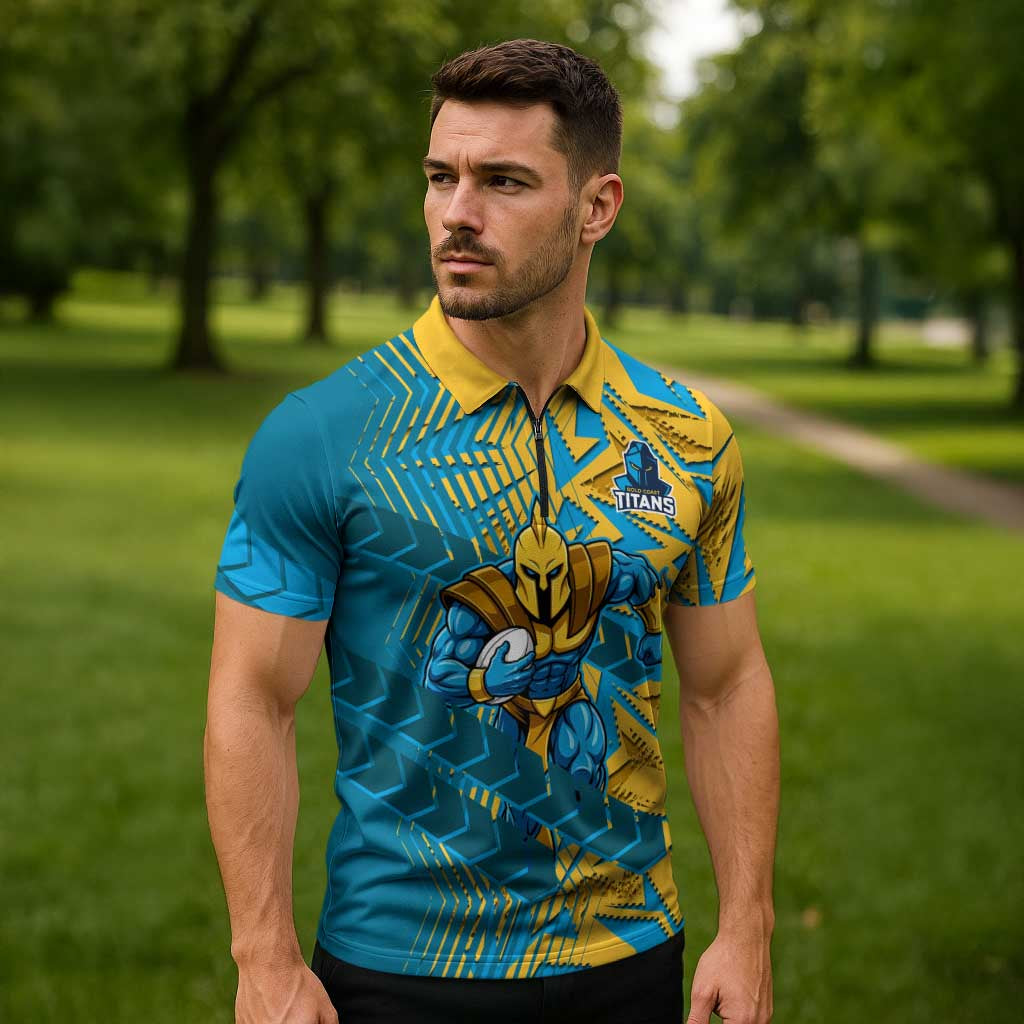 Gold Coast Titans Rugby Zipper Polo Shirt Fierce Mascot Geometric Tribal Art