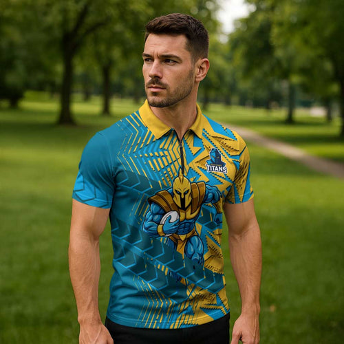 Gold Coast Titans Rugby Zipper Polo Shirt Fierce Mascot Geometric Tribal Art
