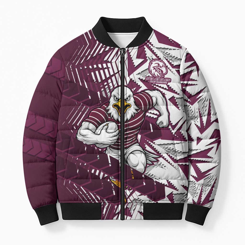 Manly Warringah Sea Eagles Rugby Bomber Puffer Jacket Fierce Mascot Geometric Tribal Art