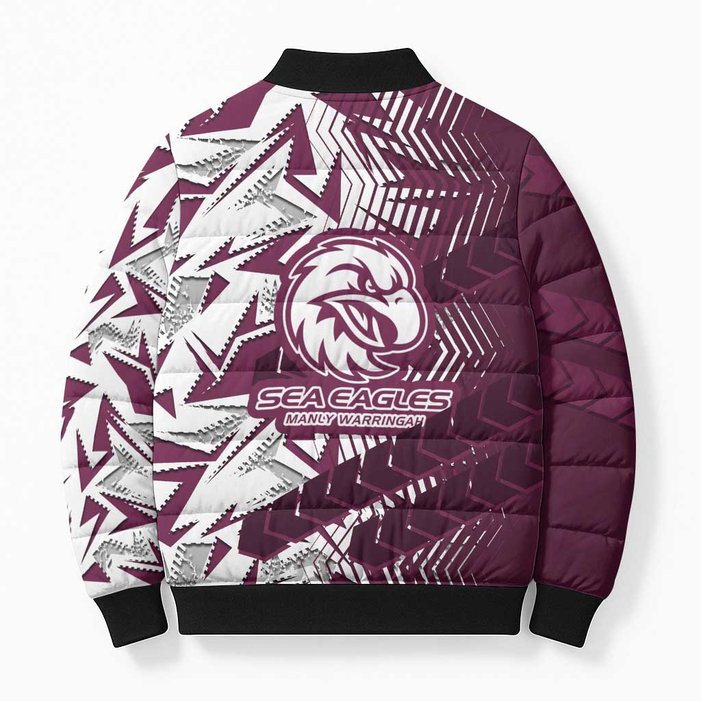 Manly Warringah Sea Eagles Rugby Bomber Puffer Jacket Fierce Mascot Geometric Tribal Art