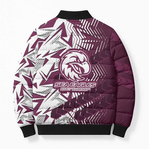 Manly Warringah Sea Eagles Rugby Bomber Puffer Jacket Fierce Mascot Geometric Tribal Art