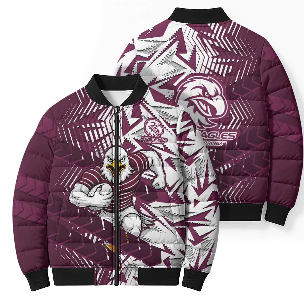Manly Warringah Sea Eagles Rugby Bomber Puffer Jacket Fierce Mascot Geometric Tribal Art