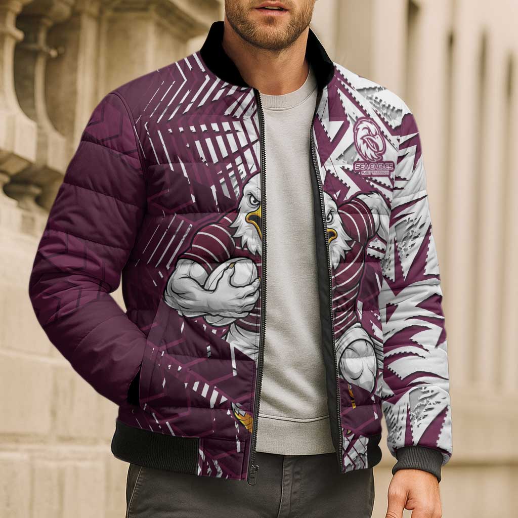 Manly Warringah Sea Eagles Rugby Bomber Puffer Jacket Fierce Mascot Geometric Tribal Art