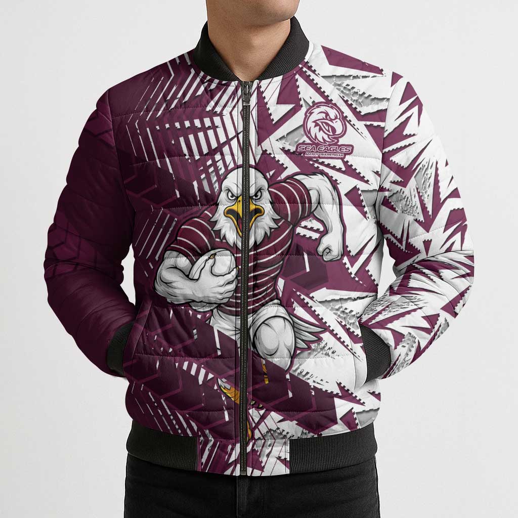 Manly Warringah Sea Eagles Rugby Bomber Puffer Jacket Fierce Mascot Geometric Tribal Art