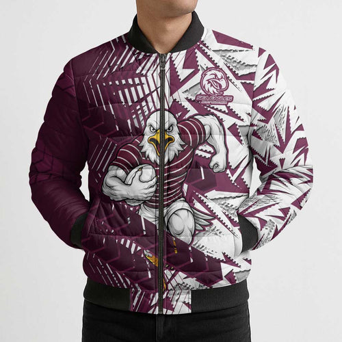 Manly Warringah Sea Eagles Rugby Bomber Puffer Jacket Fierce Mascot Geometric Tribal Art