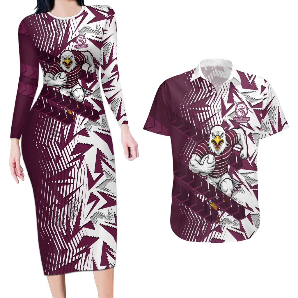 Manly Warringah Sea Eagles Rugby Couples Matching Long Sleeve Bodycon Dress and Hawaiian Shirt Fierce Mascot Geometric Tribal Art