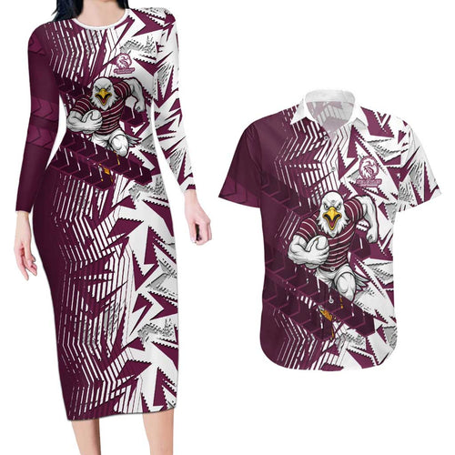Manly Warringah Sea Eagles Rugby Couples Matching Long Sleeve Bodycon Dress and Hawaiian Shirt Fierce Mascot Geometric Tribal Art