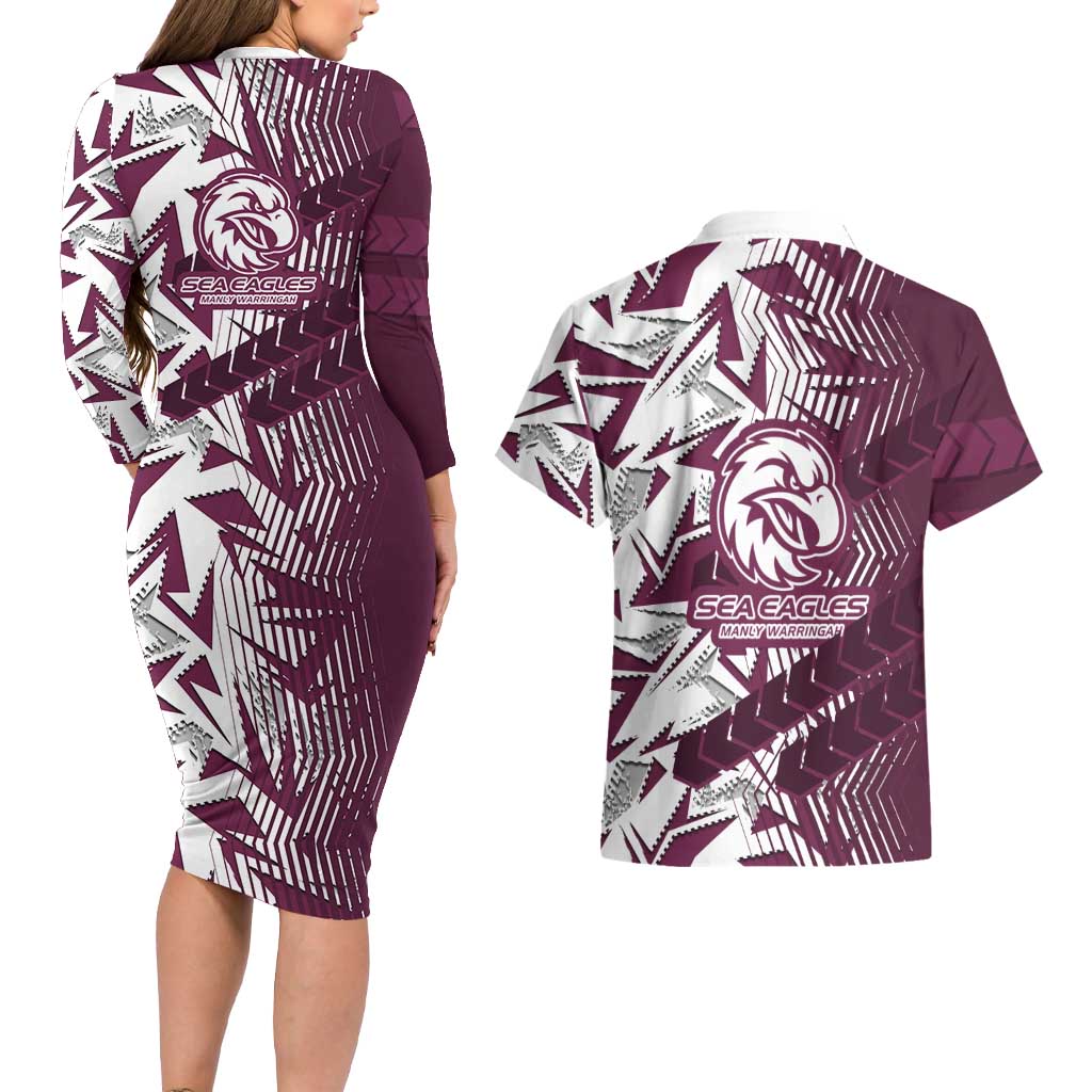 Manly Warringah Sea Eagles Rugby Couples Matching Long Sleeve Bodycon Dress and Hawaiian Shirt Fierce Mascot Geometric Tribal Art