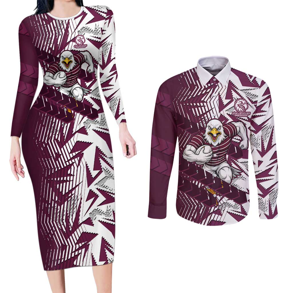 Manly Warringah Sea Eagles Rugby Couples Matching Long Sleeve Bodycon Dress and Long Sleeve Button Shirt Fierce Mascot Geometric Tribal Art