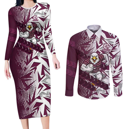 Manly Warringah Sea Eagles Rugby Couples Matching Long Sleeve Bodycon Dress and Long Sleeve Button Shirt Fierce Mascot Geometric Tribal Art