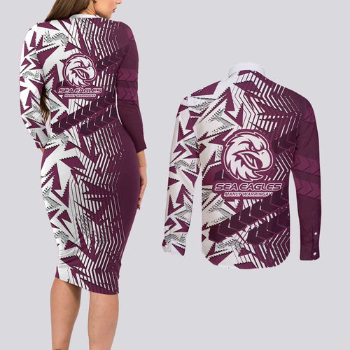 Manly Warringah Sea Eagles Rugby Couples Matching Long Sleeve Bodycon Dress and Long Sleeve Button Shirt Fierce Mascot Geometric Tribal Art